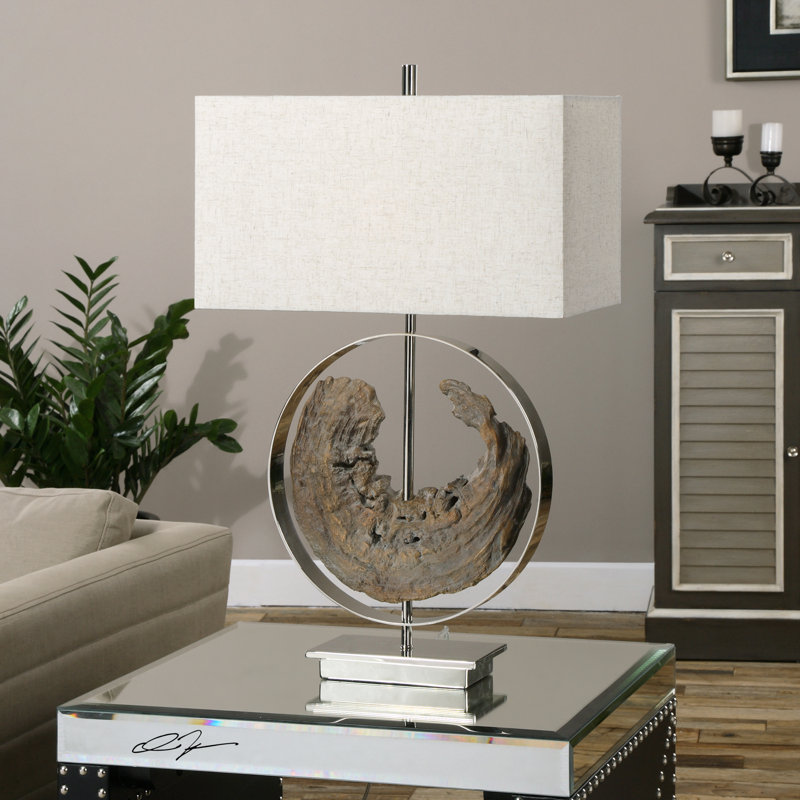 Polished Nickel Driftwood Table Lamp with Linen Shade