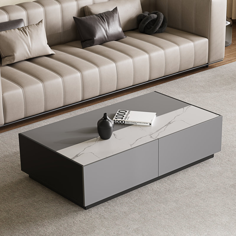 51‘’ Lift Top Coffee Table With Snowy White Sintered Stone Top And Storage Drawers