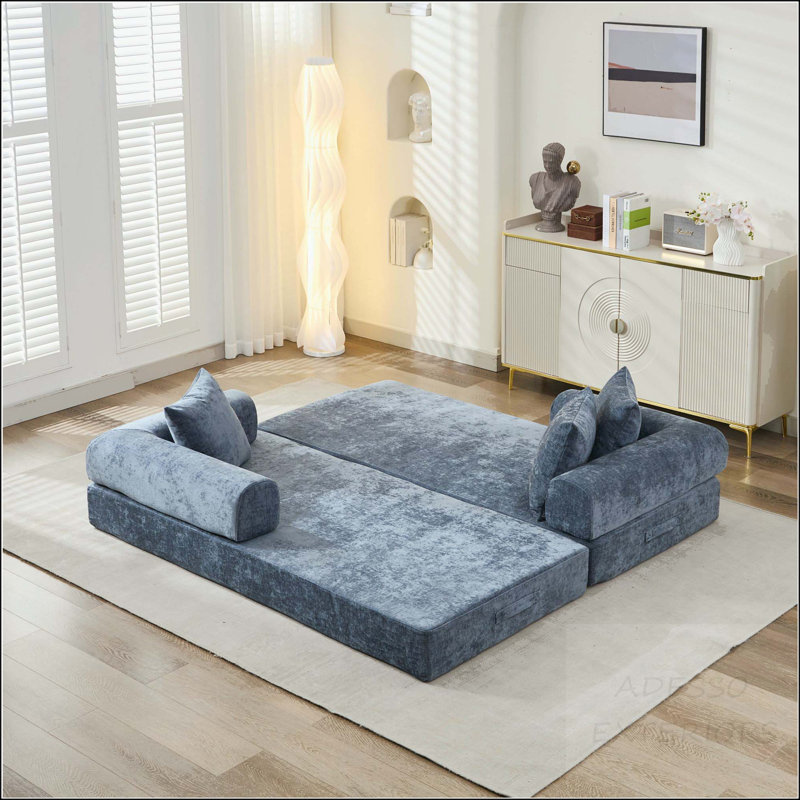 Canapé-lit convertible au sol avec accoudoirs, Chenille bleue