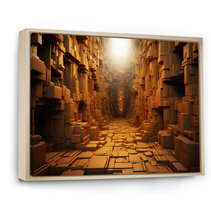 Tunnel géométrique jaune I sur toile, 34" H x 44" W, Cadre naturel flottant