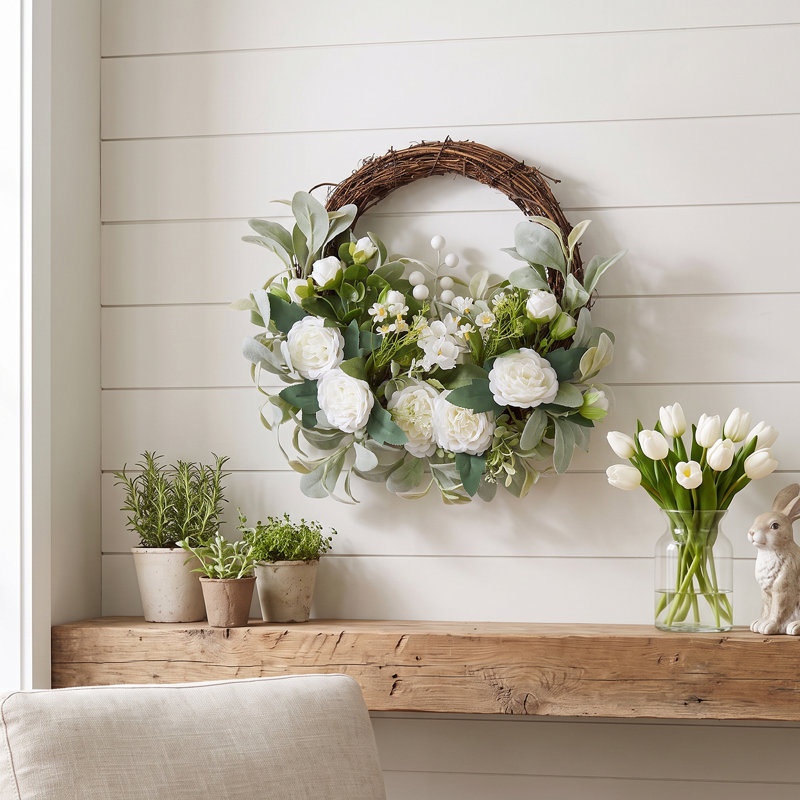 Artificial Flower Wreath for Front Door, Green, 40cm H x 45cm W x 40cm D