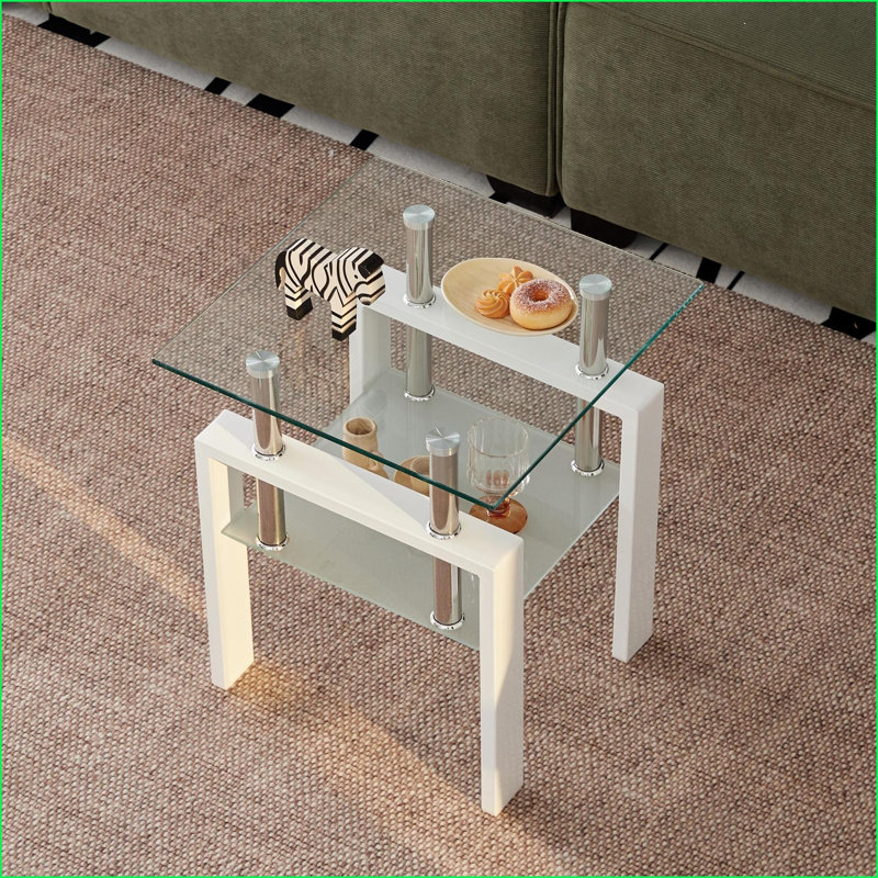 Table basse transparente en verre trempé, 2 couches avec rangement pour le salon, facile à nettoyer et amp; Peu encombrant