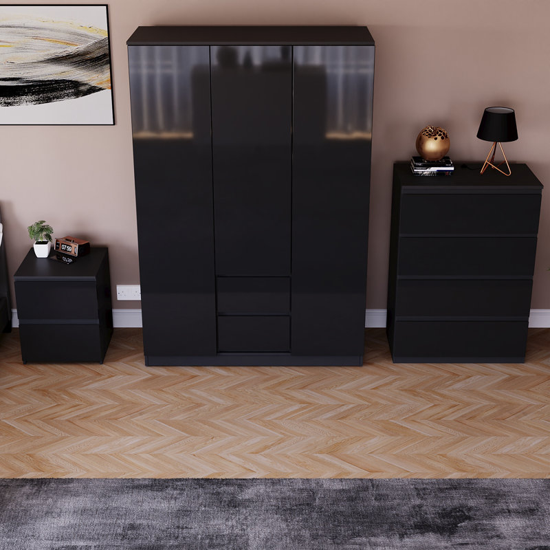 Oslo 3 Piece Bedroom Set (2 Drawer Bedside Chest, 4 Drawer Chest, 3 Door 2 Drawer Wardrobe), (100% FSC), Black