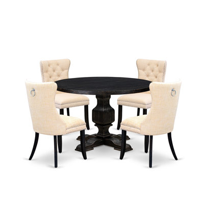 5-pc kitchen table set included a wood table and 4 Light Beige Linen Fabric dining chairs with Button Tufted Back - Sand Blasted Black