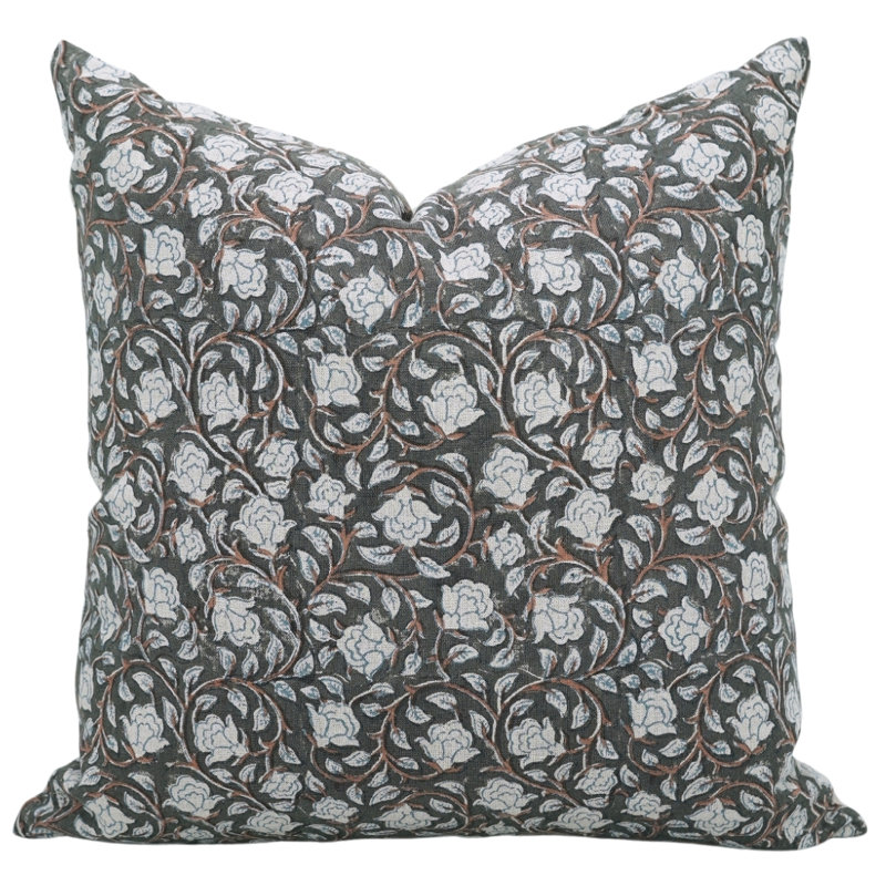 Housse de coussin imprimée Fabividine Block, H 26 po x l 26 po, Blanc / gris floral 2, Carré