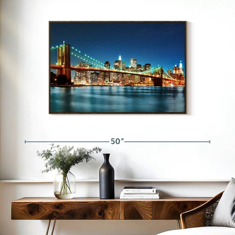 Pont lumineux de Brooklyn, 37 po x 25 po, Cadre flottant noyer