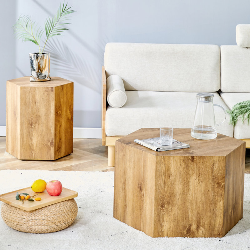 Modern Minimalist Set Of Two Hexagonal Wood-Grain MDF Coffee Tables.Modern MDF Coffee Table, With Complex Texture Patterns, Style And Texture Coffee Table To Redefine Your Interior Decoration.