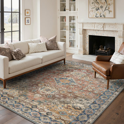 Tapis oriental oriental rouge neutre / beige lavable à la machine