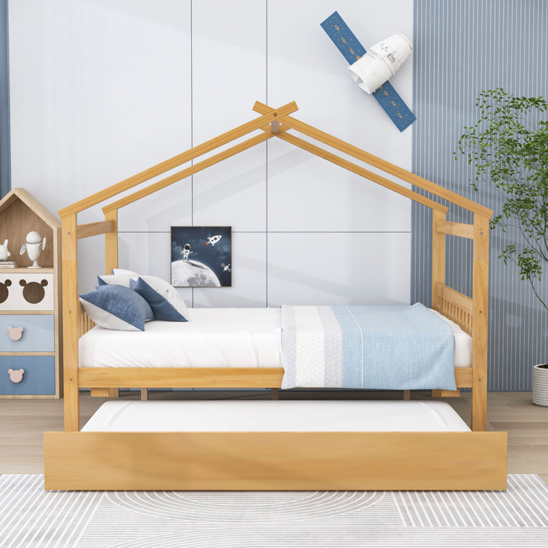 House Bed With Blackboard And Drawers, Classic Style, Creative Storage, Full, Natural
