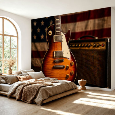 Wall Mural Peel and Stick Wallpaper american music guitar us flag guitar Self-Adhesive Removable Contact Paper Wall Decor for Living Room Bedroom 69"H x 96"W