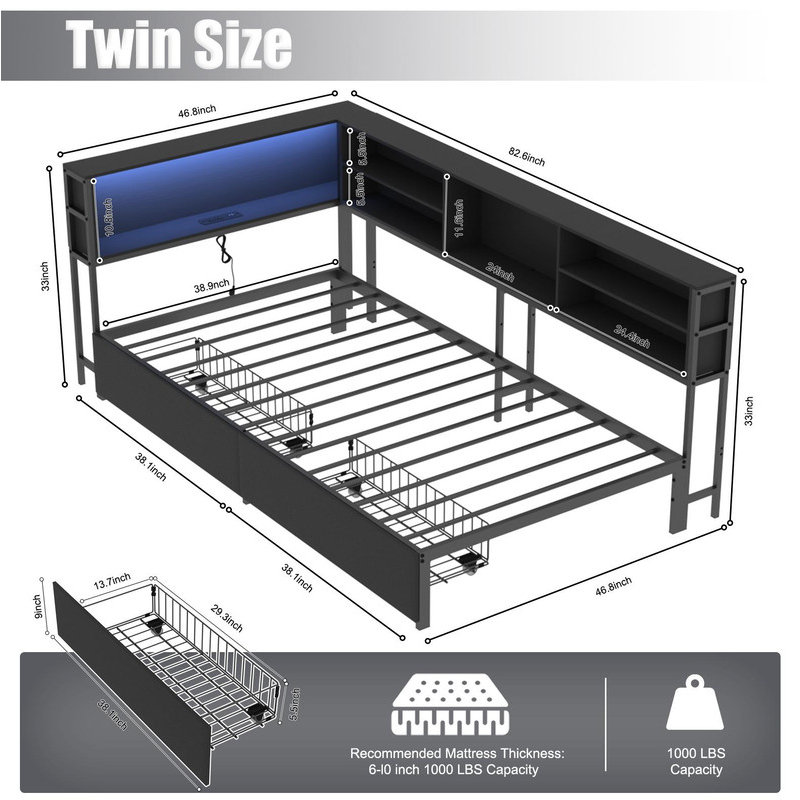 Corner Bed Frame with Storage Bookcase, Twin Daybed with Underneath Drawers, Kids Bed Unit with Charging Station and LED Lights, Multifunctional Space-Saving Design for Bedrooms and Playrooms