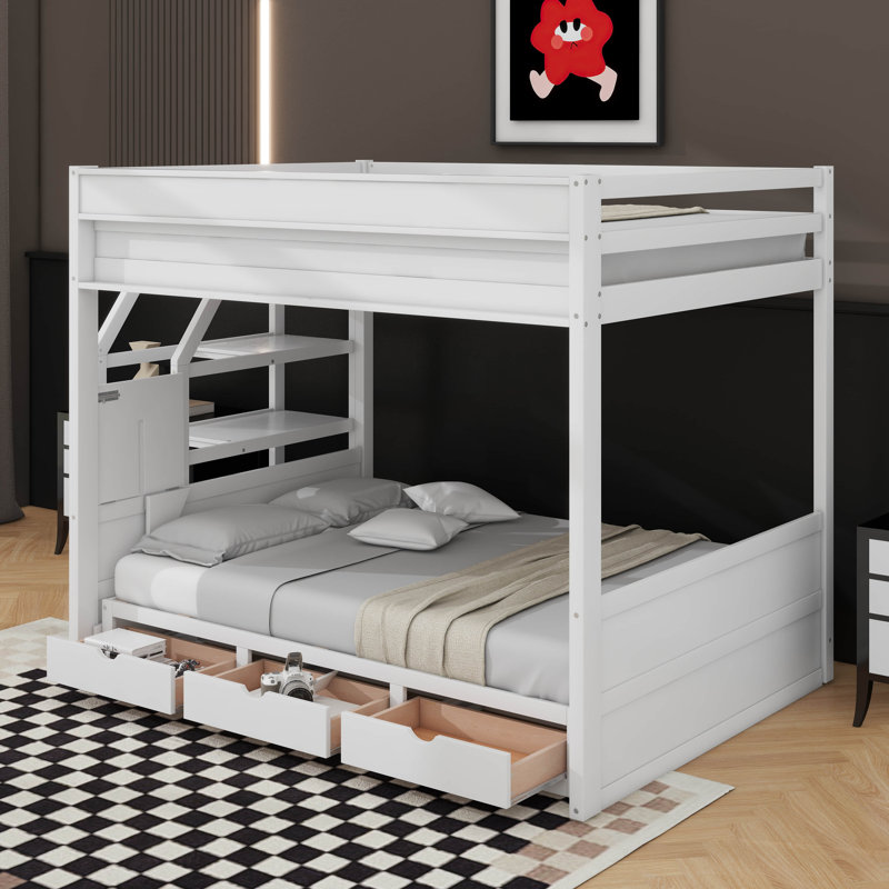 Full Size Convertible Bunk Bed With Drawers, White