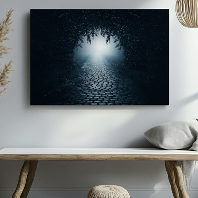 Canvas A Mysterious Winding Cobblestone Path Leads Through A Dense Shadowy Wall Art Forest Framed By Overhanging Branches That Create Canvas Wall Art