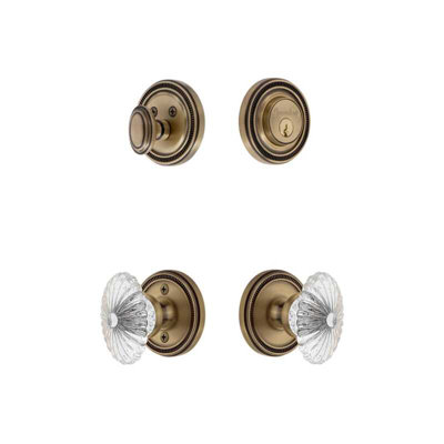 Grandeur Soleil Rosette Entry Set with Burgundy Crystal Knob in Vintage Brass