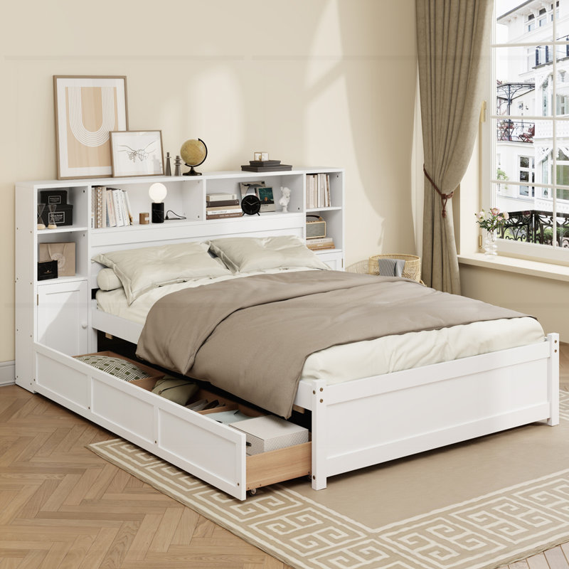 Lit de rangement polyvalent en bois avec tête de lit allongée et tiroirs multiples, Double