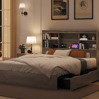 King Size Bed Frame With Bookcase Headboard Charging Station Four Storage Drawers Metal Wood Platform Noise Free No Box Spring Needed Brown