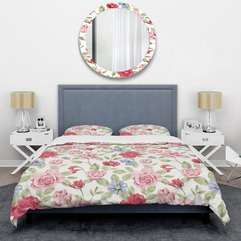 Fleurs roses et feuille verte - ensemble de housse de couette floral - microfibre de polyester