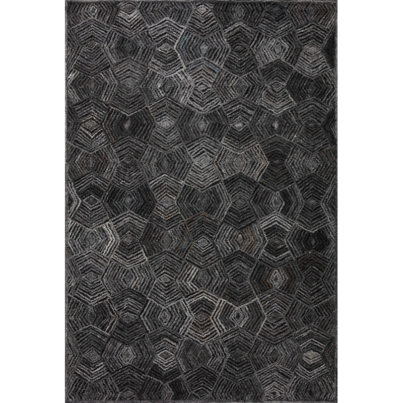 Tapis noir / gris en polyester fabriqué à la main Emilianna, Rectangle 8 pi 6 po x 12 pi