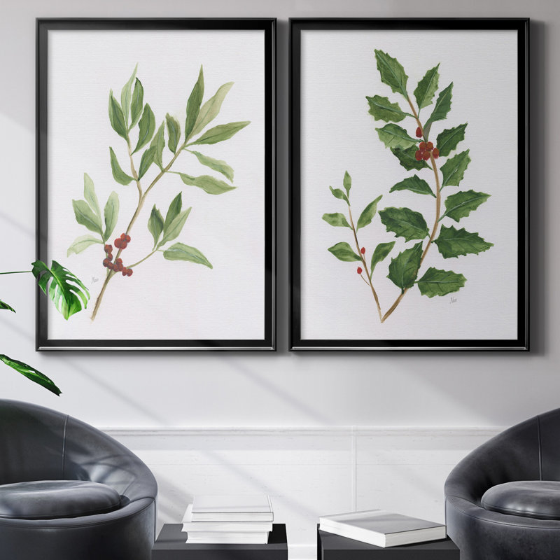 «Winter Botanical I», ensemble de 2 reproductions d'art, H 30,5 po x l 42,5 po x P 3 po, Toile avec cadre noir, Pas de tapis