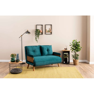 Modern 2-Seat Sofa-Bed with 14-Level Adjustable Back, Petrol Green, 30.7 x 47.2 x 32.3 inches | Durable 100% Metal Frame & Wooden Arms | Comfortable Textile Fabric, Perfect for Small Spaces & Guest Rooms
