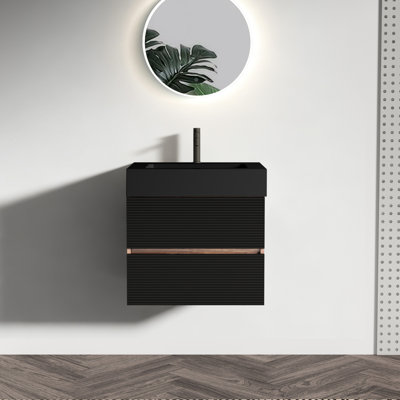 Meuble-lavabo suspendu de style moderne du milieu du siècle, 24 pouces, avec vasque monobloc, tiroirs avec trou de drainage en forme de U, panneaux de qualité E1, quincaillerie à fermeture douce et silencieuse, lavabo mural noir mat, poignée cachée.