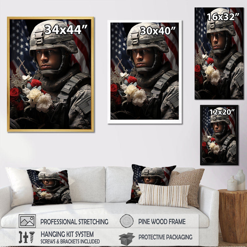 «Military Patriot Solider USA», impression sur toile, Cadre doré simple, H 20 po x l 12 po x P 1 po