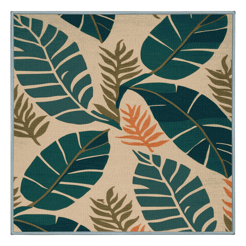 Tapis hawaïen lavable à feuilles stylisées, Carré 5 pi