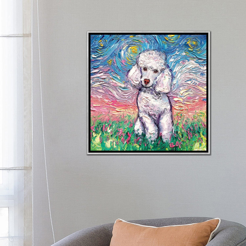 Reproduction d’art, "White Poodle Night" par aja Trèves, H 26 po x l 26 po x P 1,5 po, Toile avec cadre argenté, Pas de tapis