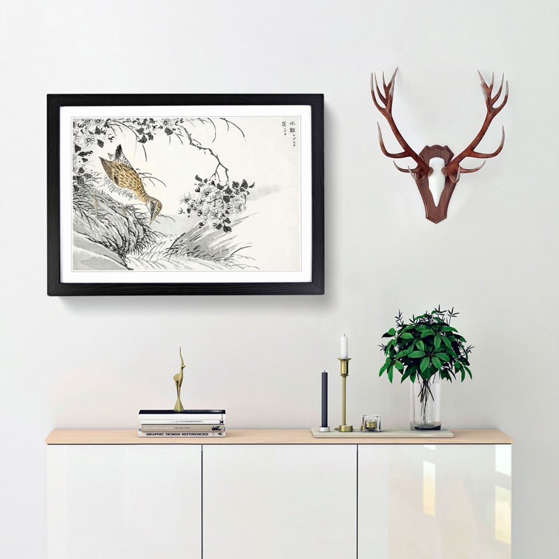 Sandpiper & Wild Rose by Numata Kashu - Picture Frame Painting Print, 50cm H x 76cm W x 2cm D, Black
