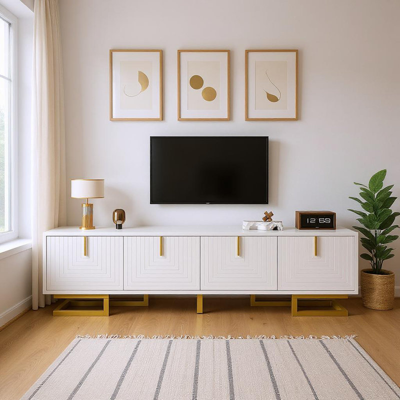 Meuble télé moderne avec pieds dorés et 4 portes, console multimédia élégante avec rangement pour le salon, Blanc