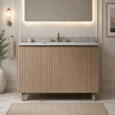Meuble-lavabo 48 po avec lavabo, comptoir en granit naturel et lavabo en céramique avec 3 trous pré-percés, armoire à porte rainurée avec fermeture en douceur et contreplaqué résistant à l'humidité