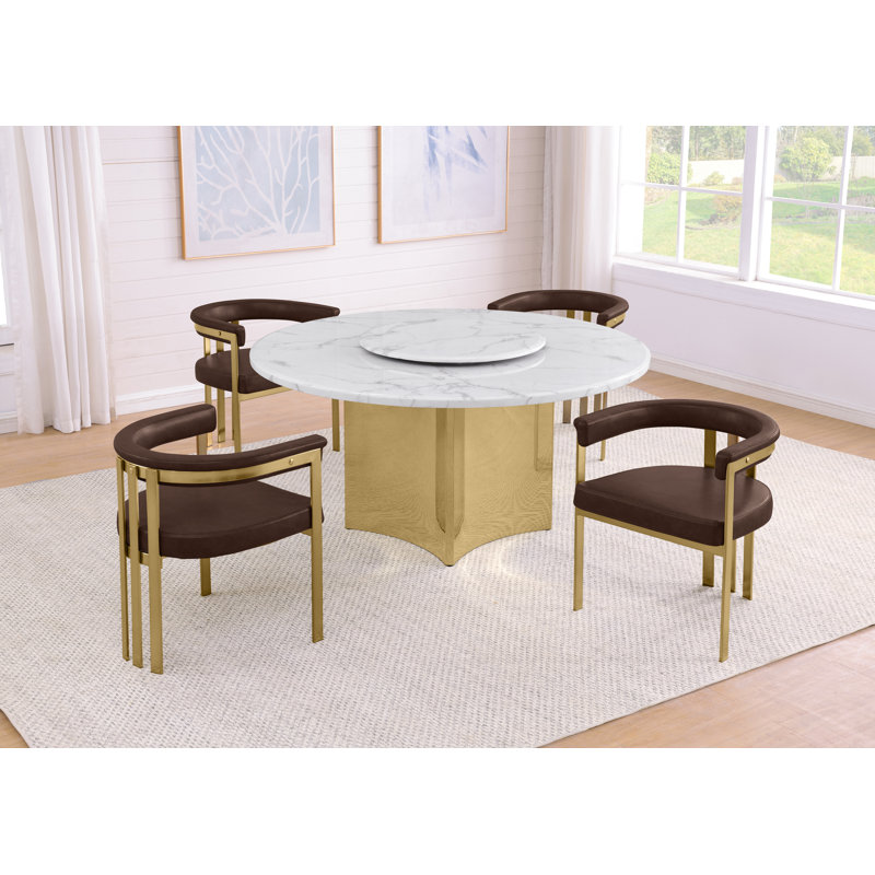 Ensemble de salle à manger en marbre blanc avec chaises Lazy Susan et Leathaire, Espresso