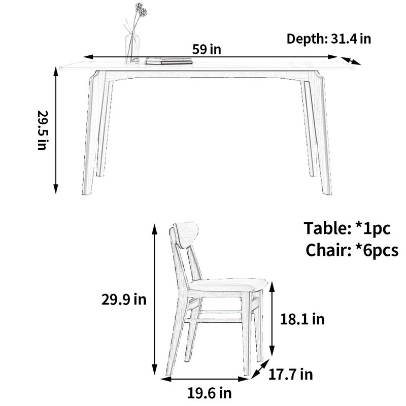 Modern generous rectangular dining table and chair, 29.5"H x 59"L x 31.4"W