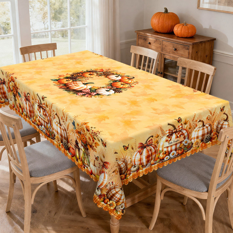 Golden Autumn Pumpkin-Patterned Machine-Washable Polyester Tablecloth, 86.6" L x 70.8" W