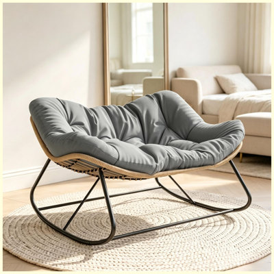 Fauteuil à bascule surdimensionné double surdimensionné avec coussin, intérieur / extérieur en osier naturel