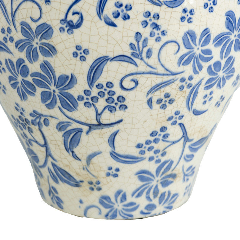 9,1 x 11 po Vase en céramique de style Ming bleu floral blanc vieilli