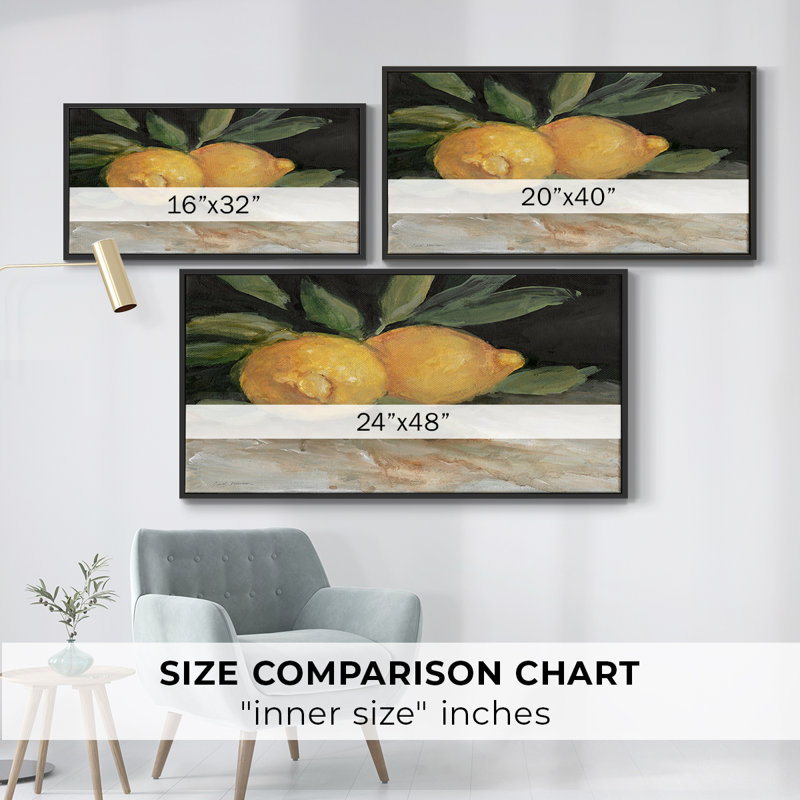 Zesty Lemons I - Toile tendue avec châssis tendue, prête à être accrochée, Noir, H 21 po x l 41 po