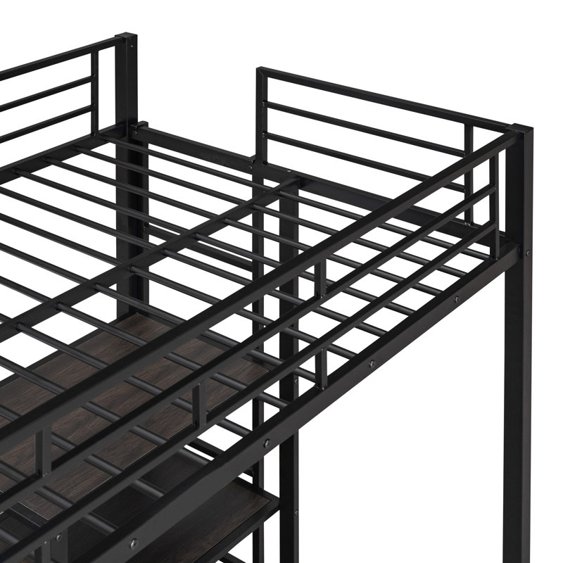 Lit mezzanine simple avec bureau et tableau blanc, structure en métal, noir, 3 tablettes, monté noir et pour une utilisation régulière