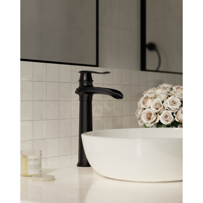 VanoFall Waterfall Vessel Matte Black Single Hole, Single Handle With Drain Assembly