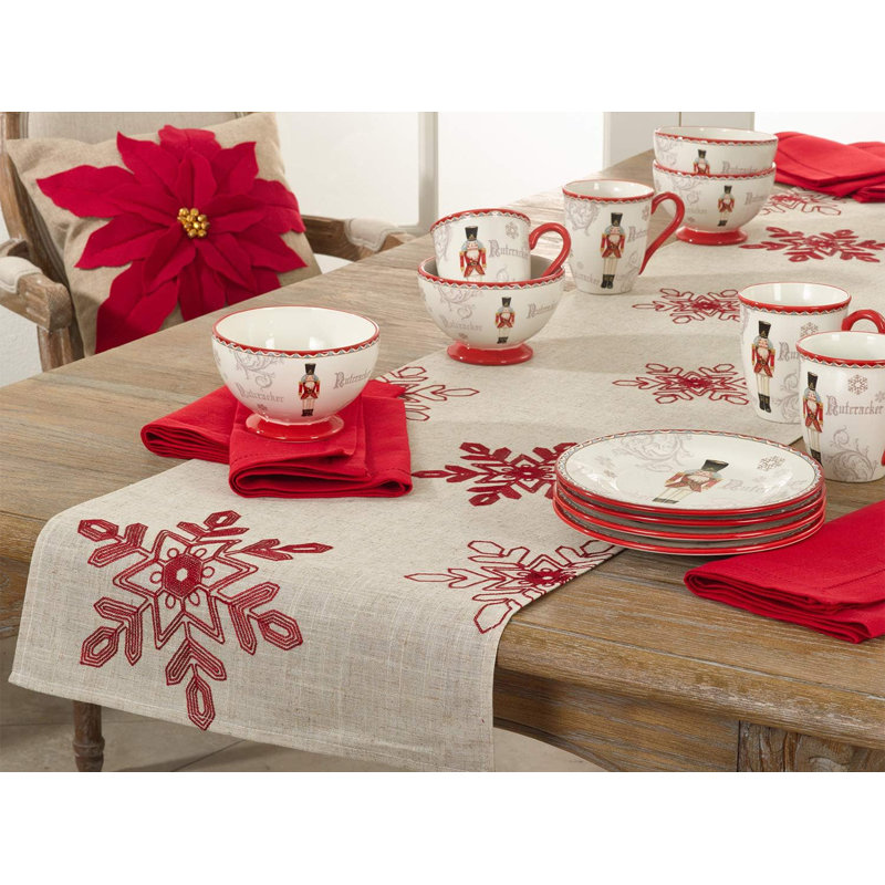 Embroidered Snowflake Holiday Table Runner, Gray, 120" L x 16" D