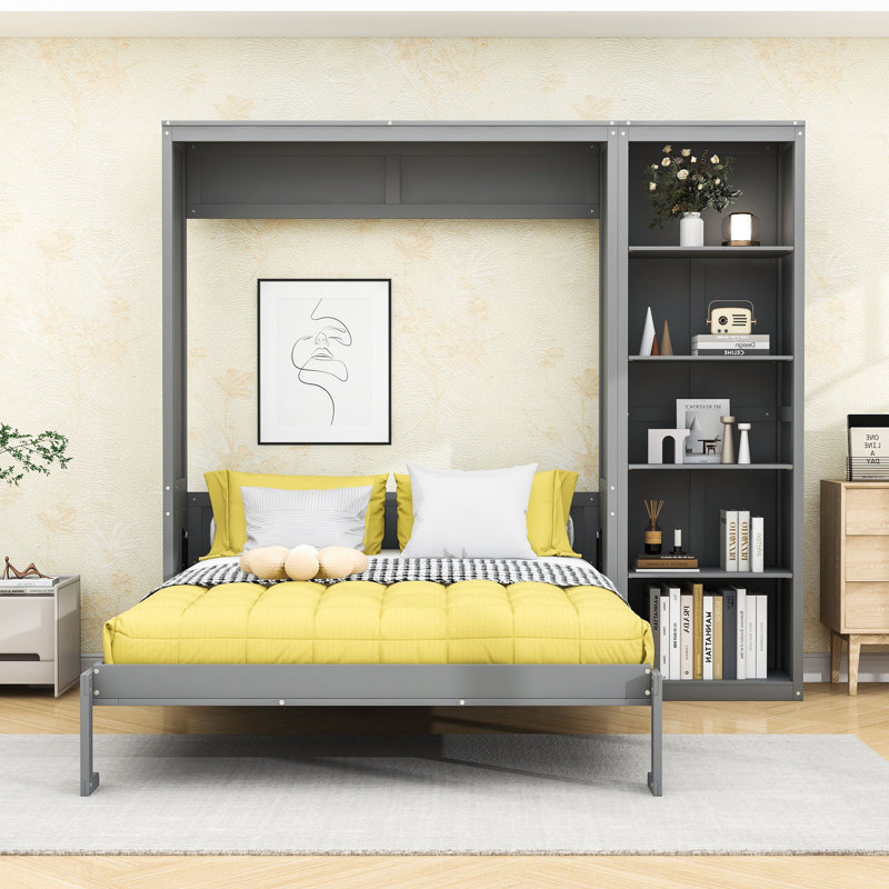 Lit escamotable en bois avec tablettes multifonctionnelles, Gris, Double