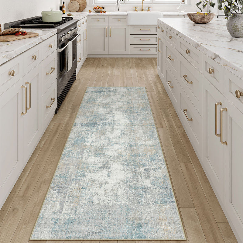 Tapis moderne lavable abstrait bleu, Tapis de couloir 2 pi x 6 pi, Bleu