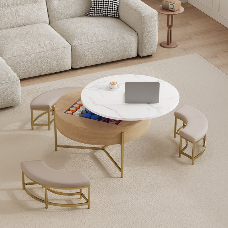 Table basse à plateau relevable moderne avec 3 repose-pieds, Naturel / Blanc
