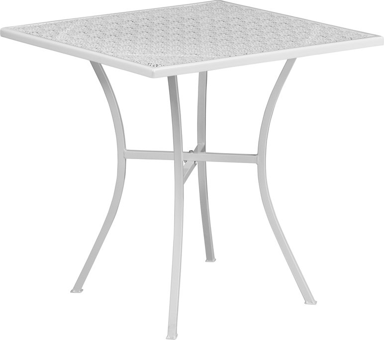 White 28" Square Steel Patio Table Set with 4 Round Back Chairs