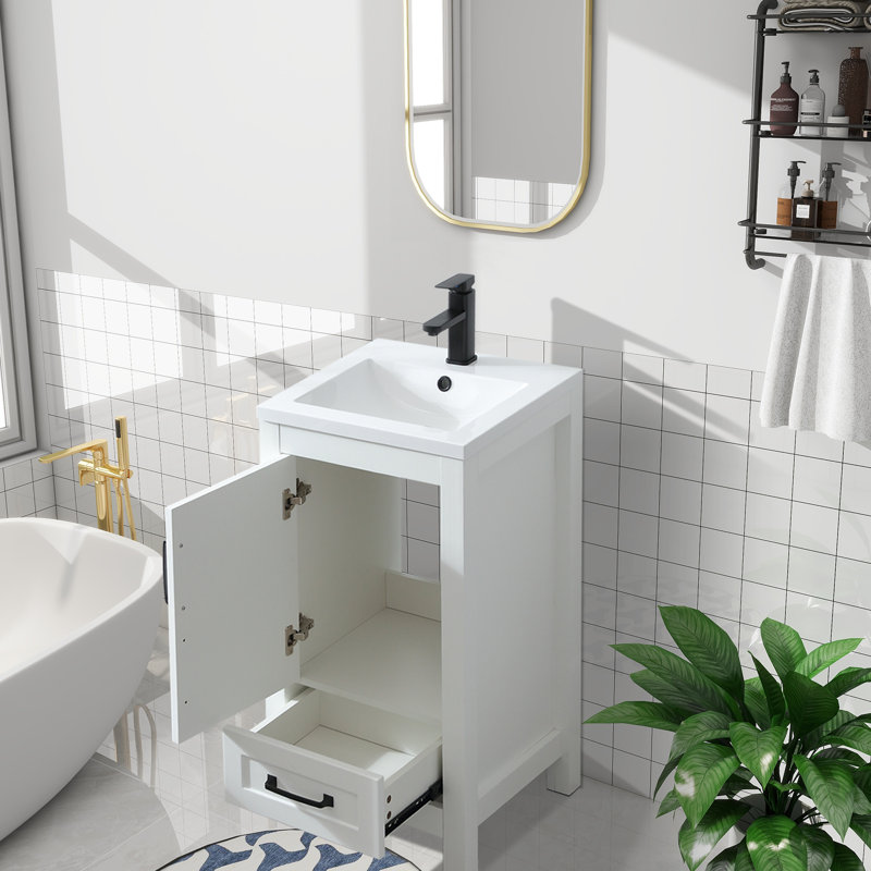 Wimer 18'' Small Bathroom Vanity with Ceramic Sink Top, Water Saving Faucet, White