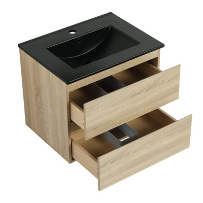 Meuble-lavabo moderne 24 po, mural avec lavabo en céramique noire, 2 tiroirs à fermeture en douceur, contreplaqué en chêne monté 24 po, mélange de chêne