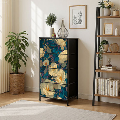 4 Drawer Vertical Storage Dresser Elegant Seamless Floral Teal with Wood Top Fabric Pull Drawers
