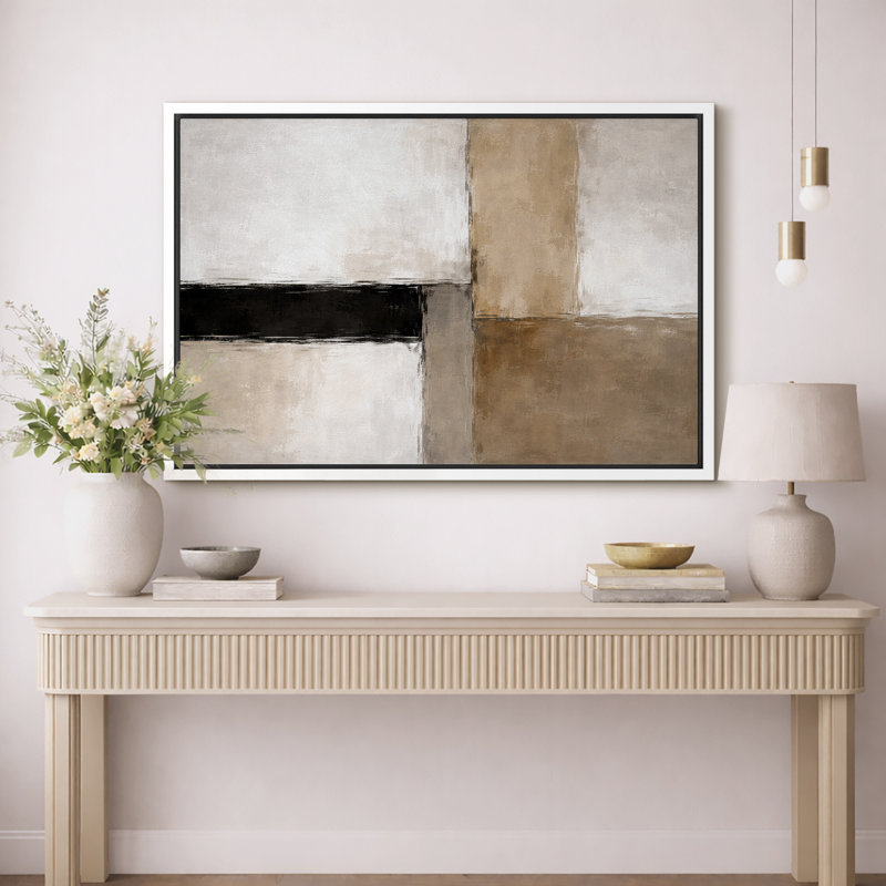 Abstrait paysage neutre, taupe beige et couches d'horizon blanc, composition de calme minimal, impression sur toile encadrée, impression numérique