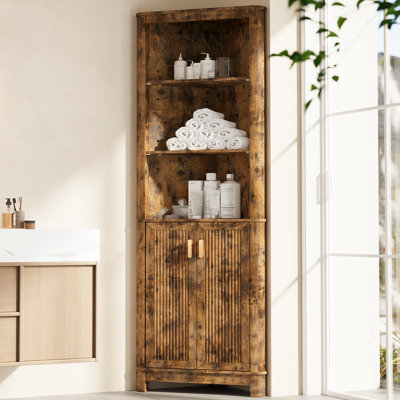 68" Tall Fluted Corner Cabinet For Bathroom, Modern Living Room & Kitchen - Adjustable Shelves, Space-saving Natural Oak Storage, Curved Profile Design