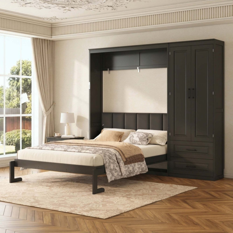 Lit escamotable avec armoire de rangement et tiroirs, tête de lit tapissier Murphy, Black